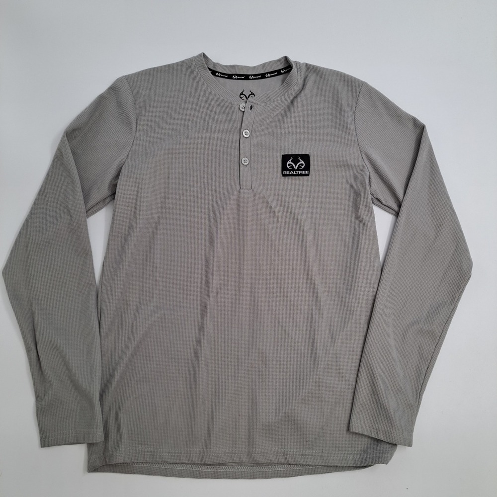 Realtree Henley Shirt Mens M Polyester Spandex Grey Waffle Knit Long Sleeve